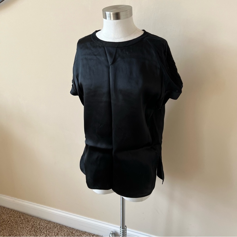 Vince 100% silk matteshine mixed media top tee blouse black 643 - Picture 8 of 12